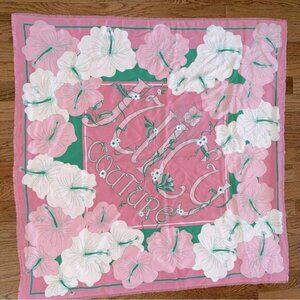 Juicy Couture Pink Art Deco Hibiscus Pink Green Silk Reversible Scarf